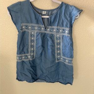 Old Navy Blue Women’s Chambray Shirt with White Embroidery Size Small